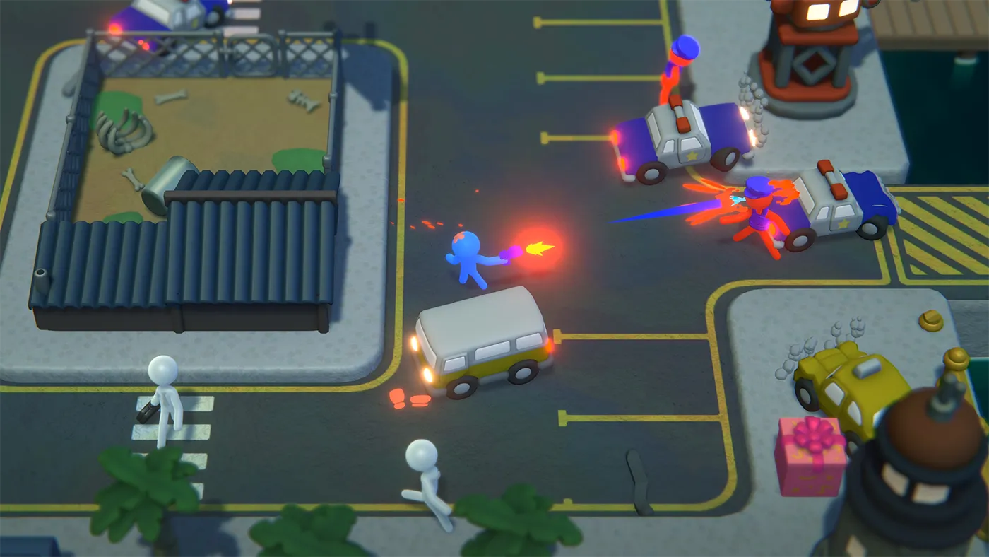 Stick It to the Stickman combat, a blue stickman brawling red stickmen