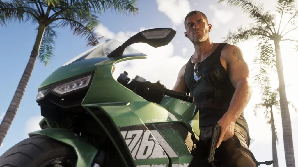 Jason Duval holding a handgun beside a green motorcycle in official GTA VI artwork