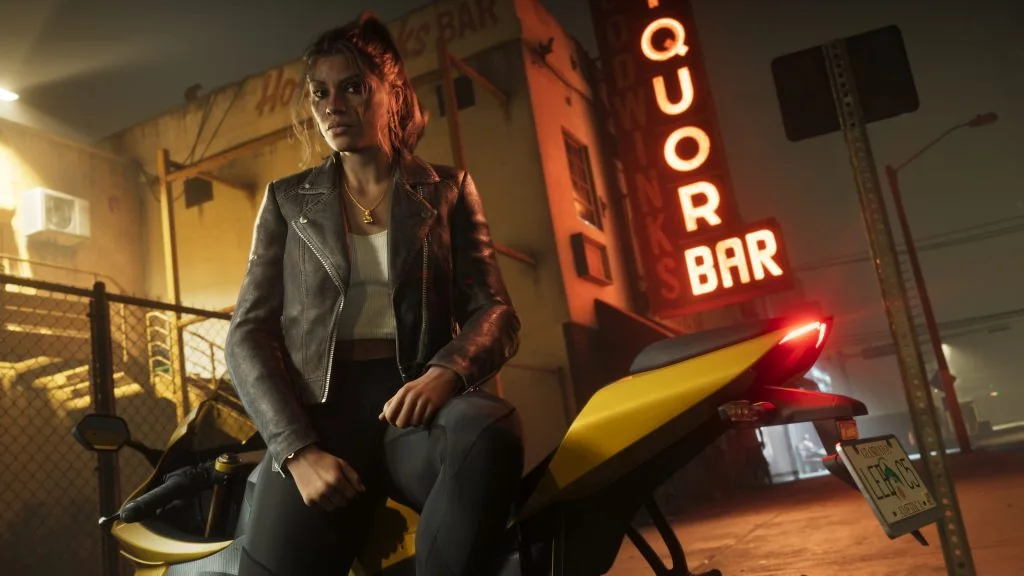 Lucia Caminos sitting on a yellow motorcycle outside a neon-lit bar in GTA VI