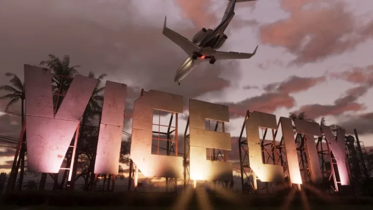 A private jet flying above the Vice City sign at sunset in GTA VI